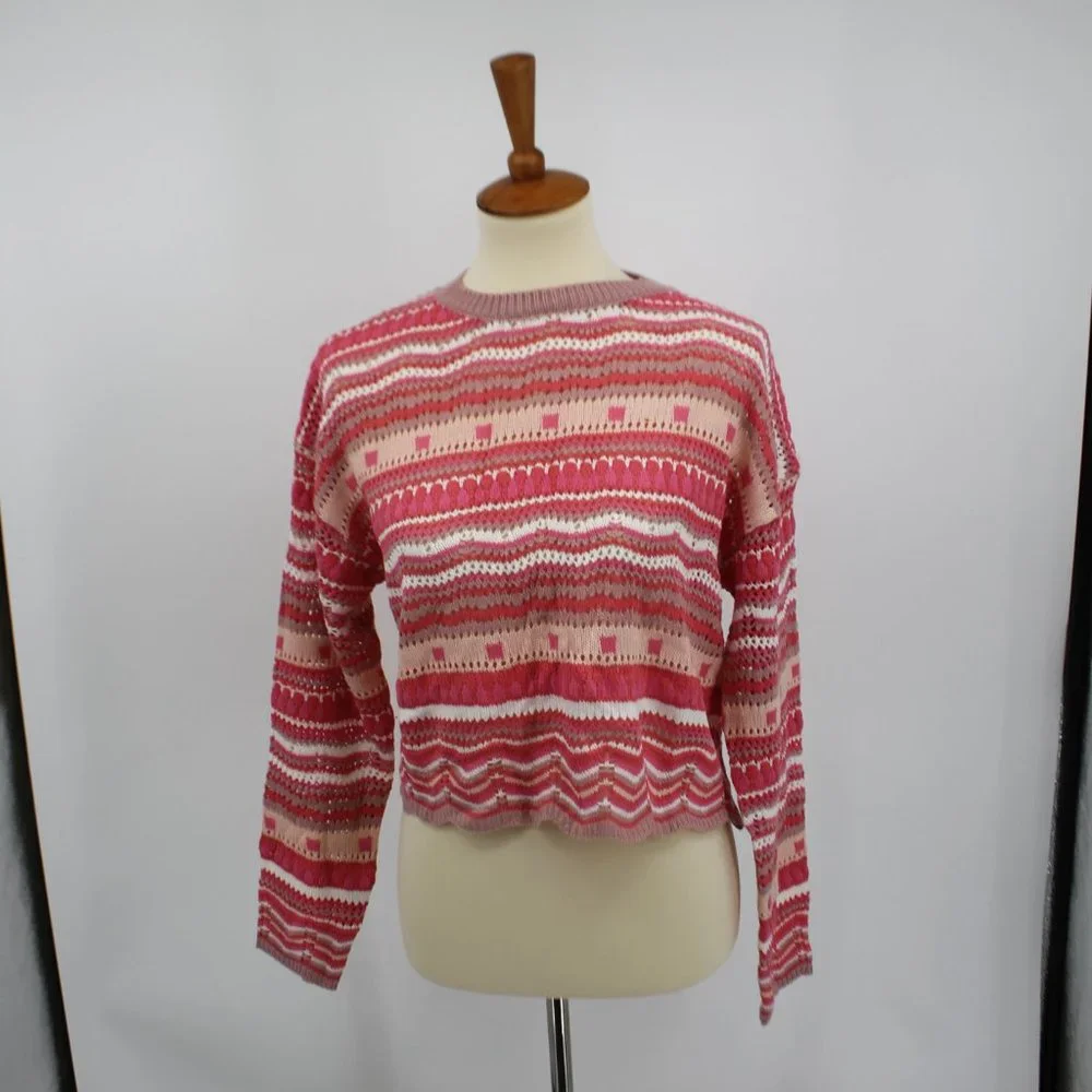 Vintage Knit Pink White Long Sleeve Cropped Sweater S - Picture 3 of 8